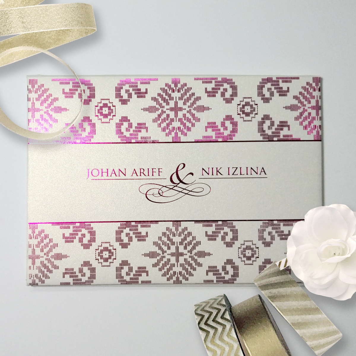 jentayu design kad kahwin hard cover series vip songket metallic white hot stamping purple with inlay wedding cards malaysia 